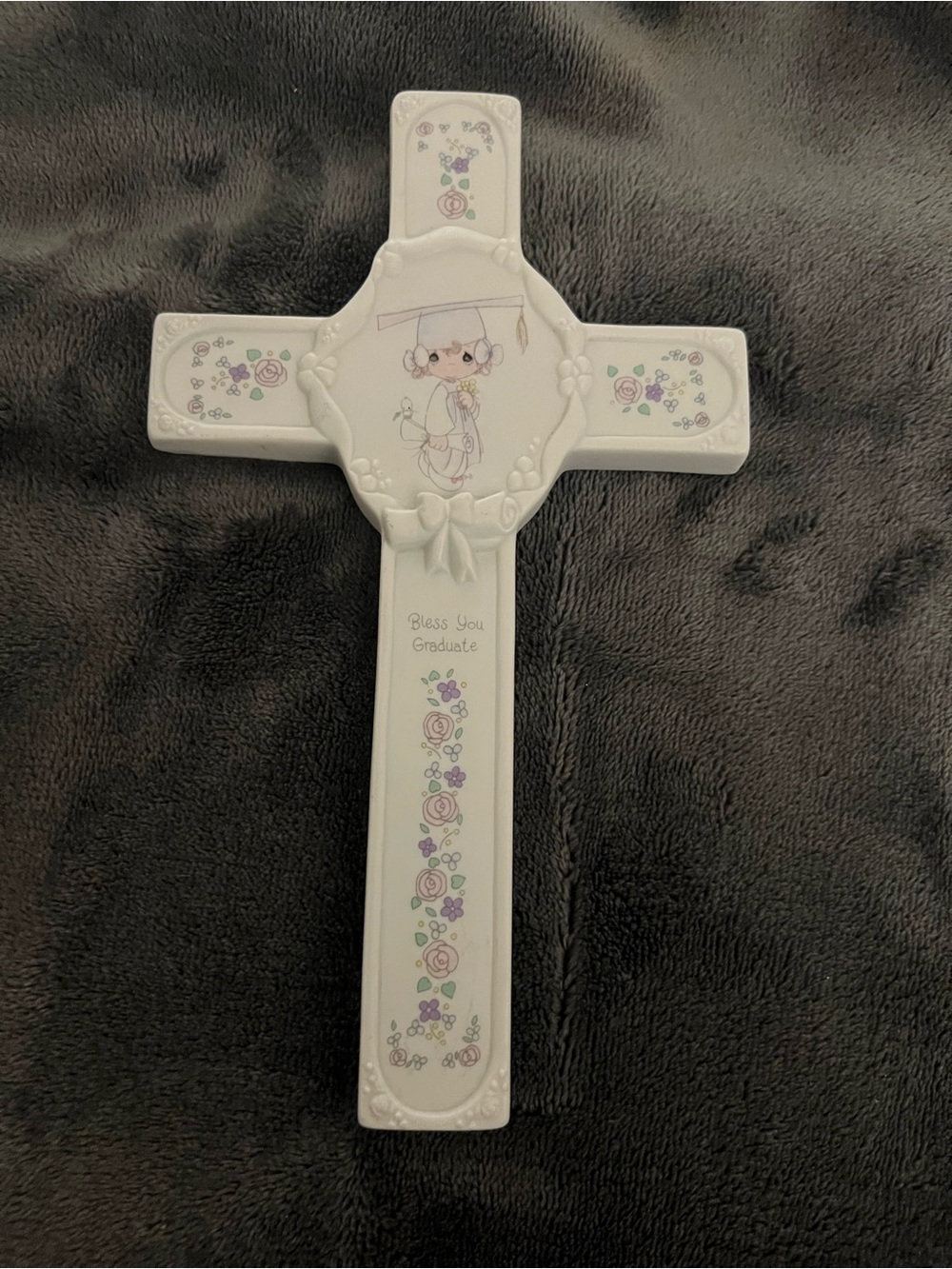 Precious Moments White Ceramic 'Bless You Graduate' Cross with Floral Detail.